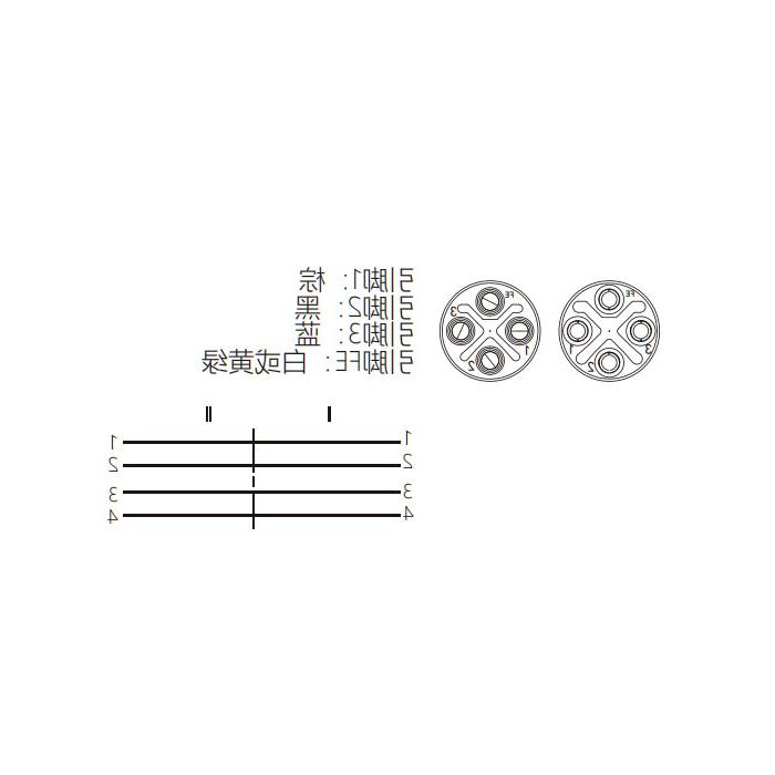 M12 4Pin S-coded、母头90°转公头直型、双端预铸PVC非柔性电缆、黄色护套、64SD43-XXX